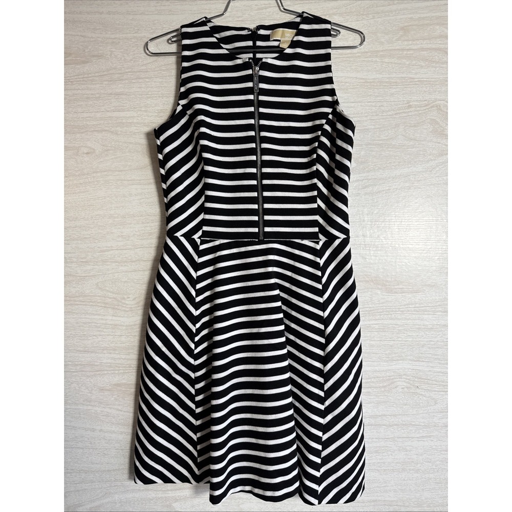 Michael Kors Fit & Flare Black & White Stripes Dress Zip Front Sz 6